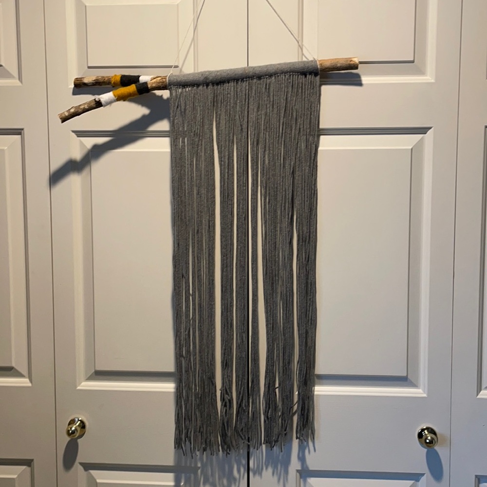 Beautiful handmade wall hanging grey mustard & Wh
